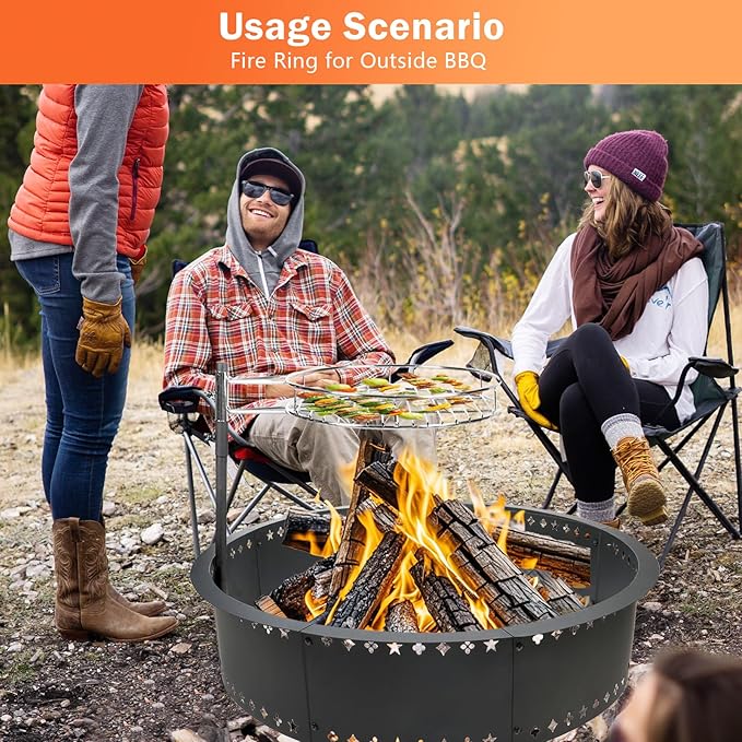 Fire Pit Ring with Grill 36" Fire Ring for Outside Fire Pit,Large DIY Fire Rings for Outside Wood Burning Smokeless Firepit Insert Liner Above/In-Ground Camping Firepit Ring for Outdoor Picnic BBQ