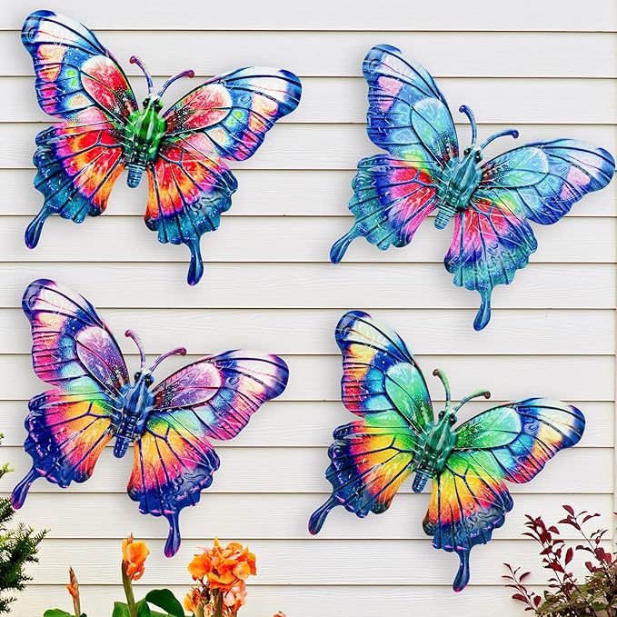 SUNREEK 4Pcs Metal Butterfly Wall Decor, 9 Inches Butterfly Outdoor Wall Art for Fence Garden Yard Room Patio Balcony