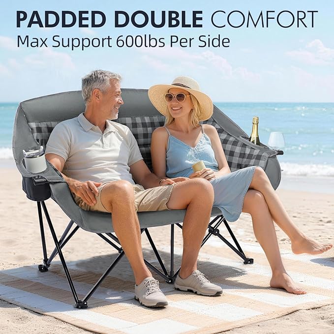 Double Camping Chairs Padded Loveseat Chair for 2 Person - Heavy Duty Oversized Camping Couch for Adults Outdoor Lawn Beach Portable Folding Sofa with Cup Holders Support 600lbs, Grey