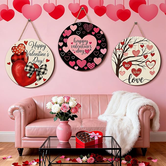 3 Pcs Valentines Day Decorations Door Sign Love Heart Welcome Wooden Hanging Sign Happy Valentine's Day Wood Wreath with Rope for Front Door Outdoor Farmhouse Porch Party Decor