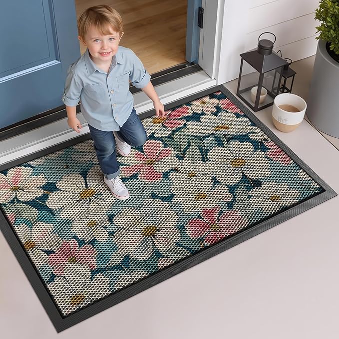 LUMI Outside Door Mat 32x47, Non Slip Rubber Backing Doormat, Low Profile Easy Clean Entrance Mats for Front Back Door Entryway Porch Garage, Bloom Flower