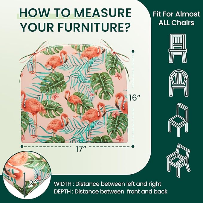 HARBOREST Outdoor Chair Cushions Set of 2, Water Resistant Patio Chair Cushions with Ties, Outdoor Seat Cushions for Patio Furniture, 17"x16"x2", Flamingo