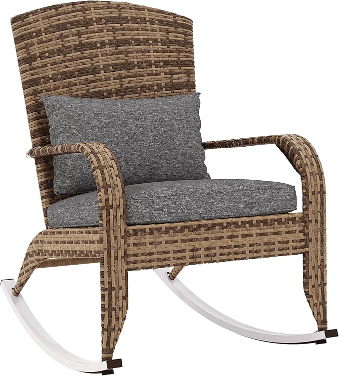 Outsunny Outdoor Wicker Adirondack Rocking Chair, Patio Rattan Rocker Chair with High Back, Seat Cushion, and Pillow for Garden, Porch, Balcony, Gray