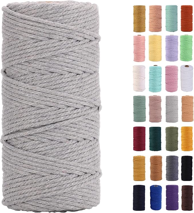 Light Grey Macrame Cord 3mm x 109Yards,Colored Cotton Rope Colorful Cotton Cord Soft Craft Cord Twine for Wall Hanging Plant Hangers Crafts Decorative Projects