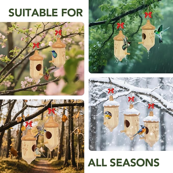 Hummingbird House, Small Wooden Hummingbird House for Outdoors, Cute Bird House with Bow & Hanging String, Garden Decor & Gift