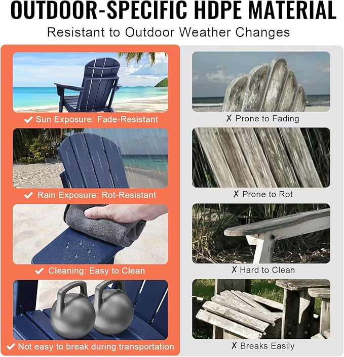 VEVOR Folding Adirondack Chairs Set of 2 with Cup Holder, All-Weather Portable Plastic Fire Pit Chair, Outdoor Adirondack Patio Chair, with Relaxing Arm Rest Ergonomic, for Garden, Backyard, Navy Blue