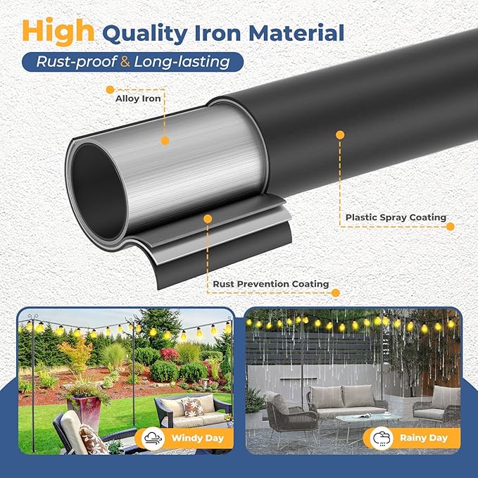 Heavy Duty Adjustable Light Pole for String Lights 1 Pack- 38mm Rust-Proof Metal Post with Deck & Fence Mount - Garden, Patio, Party Decor 10 FT