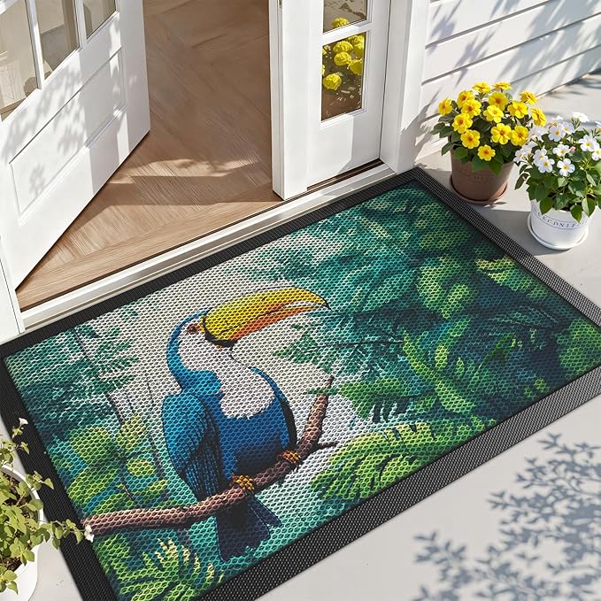 LUMI Outside Door Mat 32x47, Non Slip Rubber Backing Doormat, Low Profile Easy Clean Entrance Mats for Front Back Door Entryway Porch Garage, Toucans