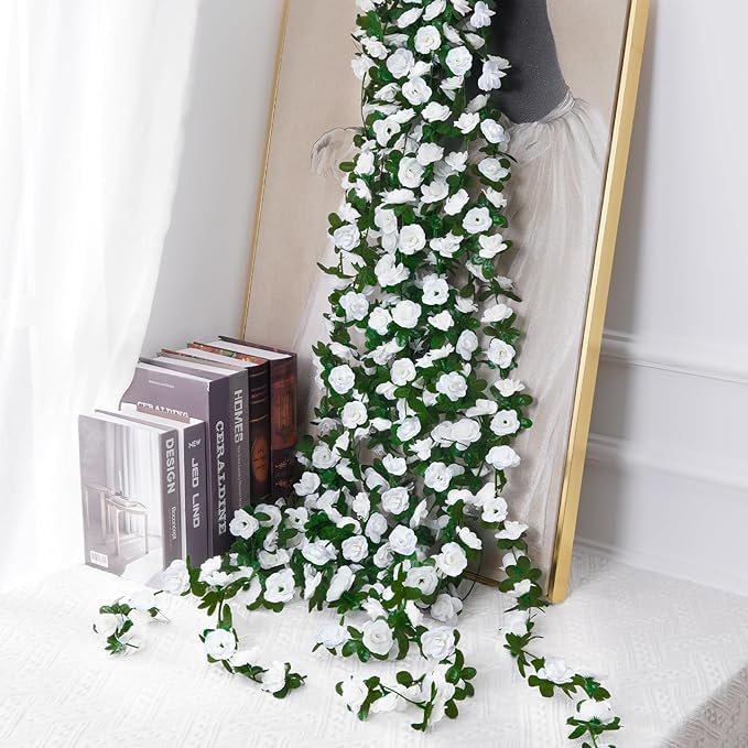 BLEUM CADE 12Pcs 98.4Ft Flower Garland Artificial Rose Vines for Bedroom, Cute Fake Hanging Flower Vines Floral Garland Decorations for Wedding Party Wall Room Decor Aesthetic