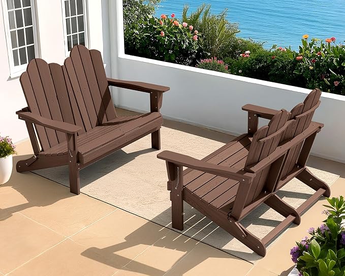 SERWALL Folding Adirondack Bench, HDPE All-Weather Adirondack Loveseat Set of 2, Coffee