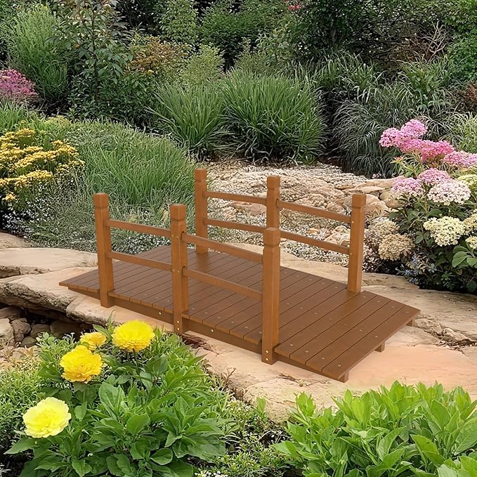 VINGLI Garden Bridge, Classic Wooden Bridge with Safety Rails, Decorative Arhced Footbridge for Patio Pond, Creek, Pathway(Brown, 5 ft)