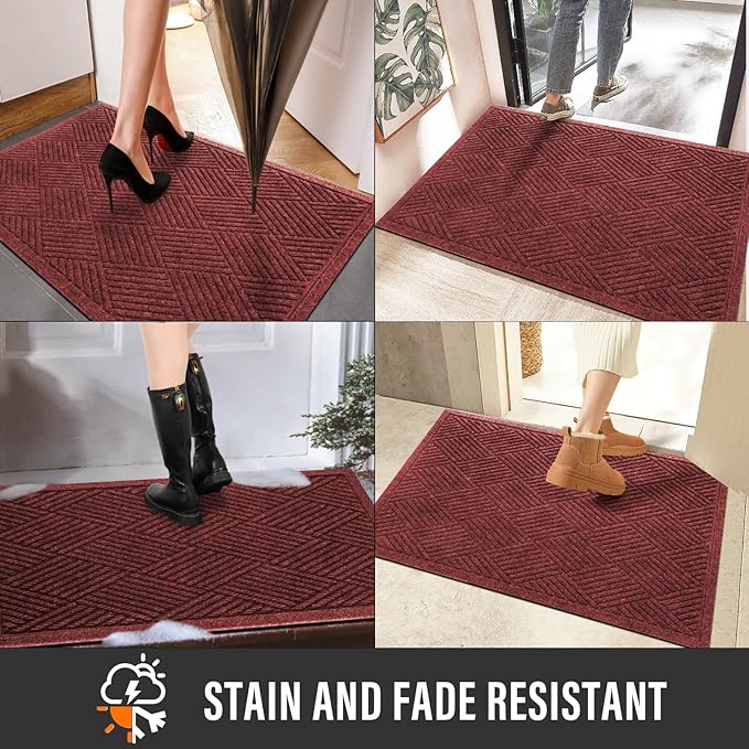 Sturdy Front Door Mat, Absorbent Muddy Dirt Resist Welcome Door Mats Outdoor Indoor, Stain and Fade Resistant, Non-Slip Rubber Backing Low Profile Doormat for Entryway, 47×32, Red