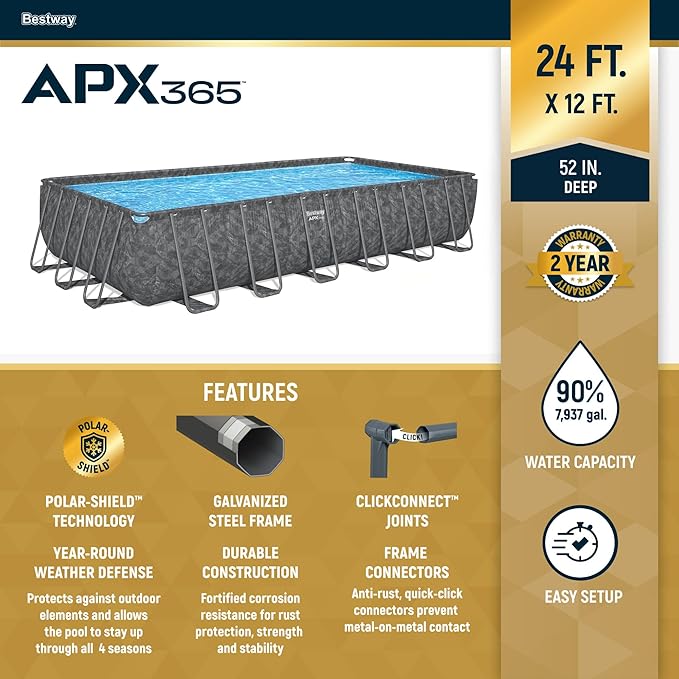 Bestway APX 365 24' x 12' x 52" Above Ground Pool, Rectangular Metal Frame Outdoor Swimming Pool Set with Sand Filter Pump, Ladder, and Cover, Dark Marble