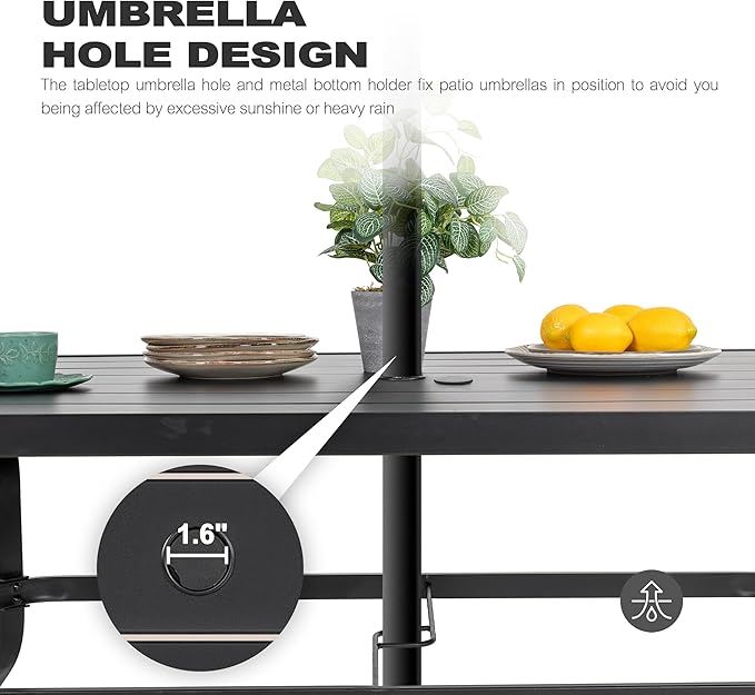 NUU GARDEN 7 Piece Outdoor Dining Set, 6 Textilene Dining Chairs and 61" Rectangular Dining Table with 1.57" Umbrella Hole, for Backyard, Patio, Garden, Gray and Black