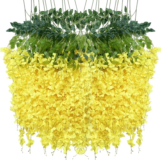 Artificial Wisteria Hanging Flowers Fake Wisteria Flower Garland Silk Vines Rattan Decor for Home Wedding Arch Wall Garden Greenery Bedroom Outdoor Office Party Decoration (12, Yellow)