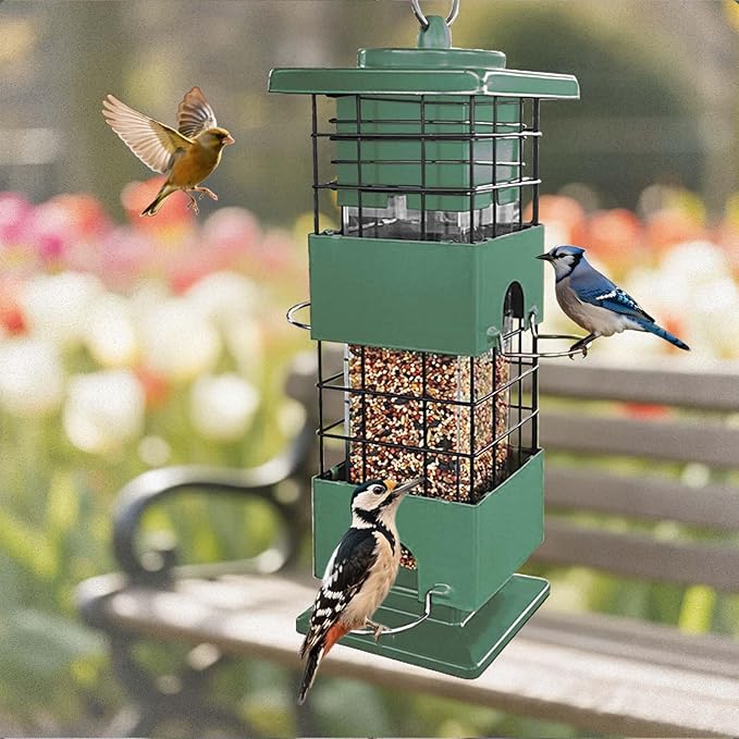 Bird Feeder Squirrel Proof for Outdoors Hanging, 3Lbs Metal Heavy Duty Birds Feeder with 4 Feeding Ports, Birdseed Feeder for Cardinal, Finch, Sparrow, Wild Birds (Green)
