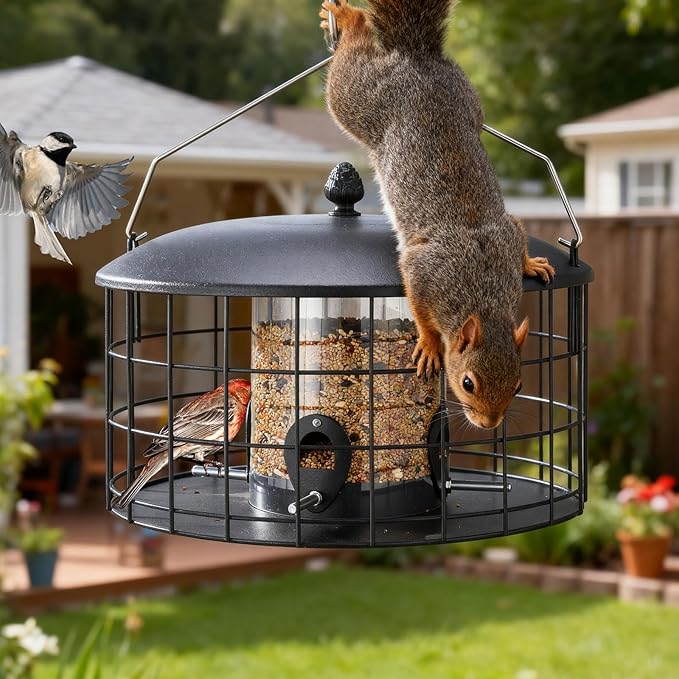 Veehoo Squirrel Proof Bird Feeders for Outdoors Hanging, Metal Caged Wild Bird Feeder for Cardinal Finch Small Birds, Thistle Squirrel-Proof Clear Tube Birdfeeder for Outdoor Balcony