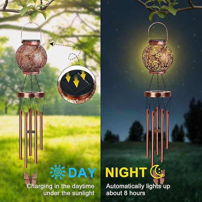 YHmall Solar Wind Chimes for Outside, Hanging Memorial Wind Chimes for Mom Women Grandma, Flower Solar Lantern Windchimes Outdoors for Garden Decor