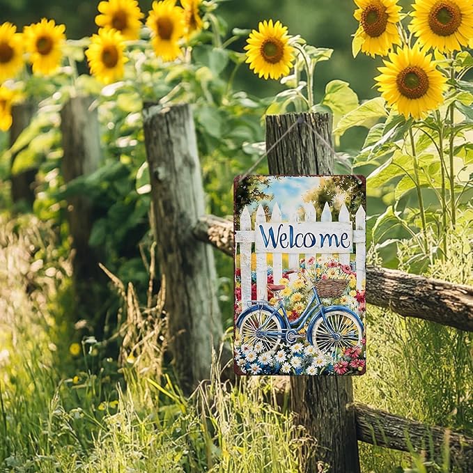 Spring Garden Vintage Tin Sign Bike Welcome Gardening Metal Sign for Home Garden Greenhouse Living Room Bedroom Outdoor Decor 12x16inch
