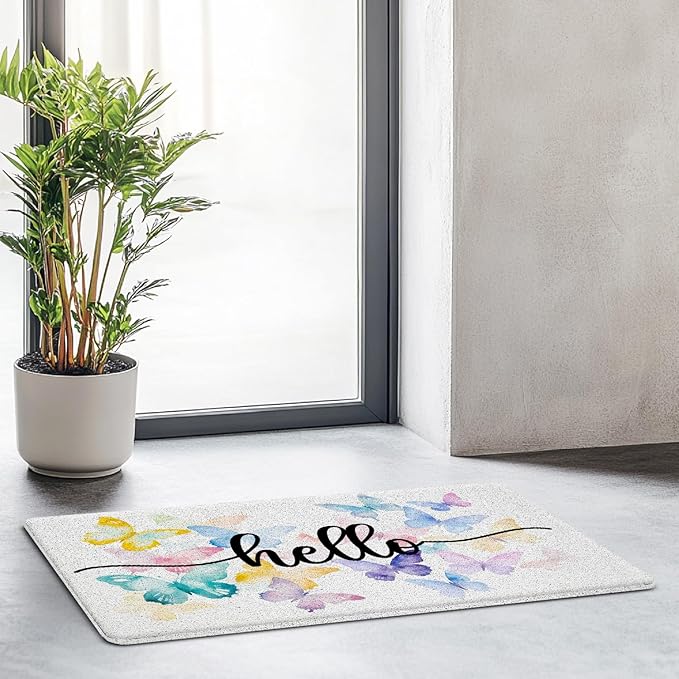 JINYO Butterfly Door Mat, Hello Door Mat Indoor Outdoor Entrance Entryway Porch, Butterfly Room Decor for Girls, Bath Mats for Bathroom, Beachy Welcome Mats, 17x30 Inch