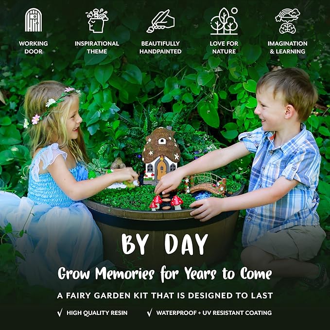 WILD PIXY Fairy Garden Kit - 13 Piece Glow in The Dark Accessories with 7.1" Outdoor Fairy House with Opening Door and Solar LED Light, Garden Door for Trees, Stones, Indoor/Outdoor Decor
