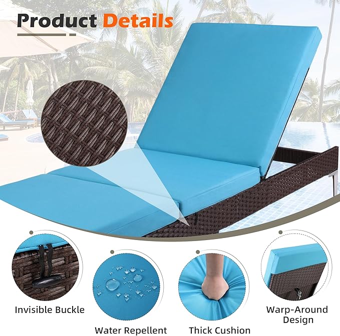 HOMREST Outdoor Lounge Chairs Set of 2, Patio Wicker Chaise Lounge with Removable Cushion, Rattan Pool Sunbathing Recliners with Adjustable Backrest (Turquoise)