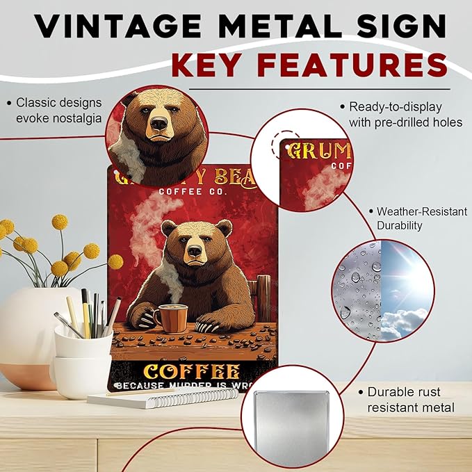 Bear Coffee Co Funny Metal Sign Because Murder is Wrong Retro Metal Poster Wall Decor for Pub Bar Man Cave Club Decoration 12x16inch