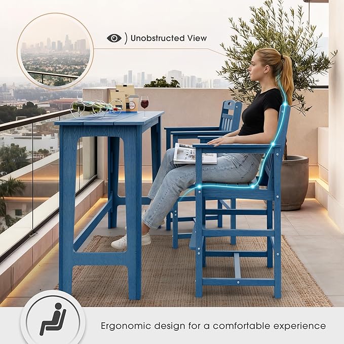 Ciokea Set of 2 Outdoor Tall Bar Chairs, 27" Bar Height Patio Stools with Arms & High Back, Heavy Duty All-Weather Adirondack Tall Chairs for Balcony, Poolside, Deck and Garden, Navy Blue