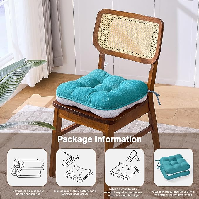 BETU Chair Cushions for Dining Chairs Set of 4,3.5" Thick Kitchen Table Chair Pads with Ties,Non Slip Backing and Covers, Seat Cushion for Dining Room,Bar,Patio Chairs,16"X16"X3.5",Teal