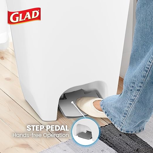 Glad 13 Gallon Trash Can | Plastic Kitchen Waste Bin with Odor Protection of Lid | Hands Free with Step On Foot Pedal and Garbage Bag Rings, 13 Gallon, White