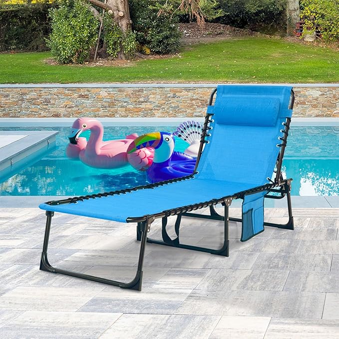 Folding Chaise Lounge Chair Bed Set of 2 - Heavy-Duty 400lb Capacity Portable Adjustable Recliner w/Pillow for Patio, Pool, Camping, Sunbathing - Lay Flat Design (Blue)