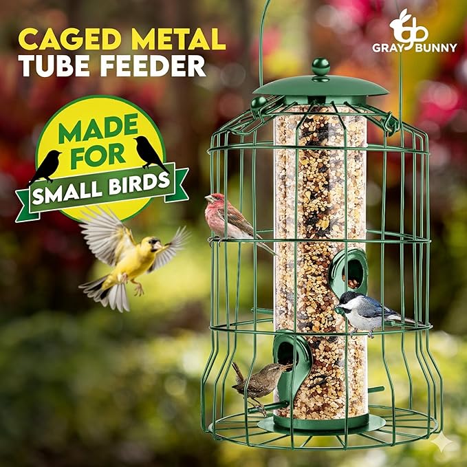 Squirrel Proof Bird Feeders for Outdoors Hanging (Metal Green) Bird Feeder with 4 Ports, Chew-Proof & Weather Resistant, Backyard Gift (10.25 x 6.25 x 6.25 inches)