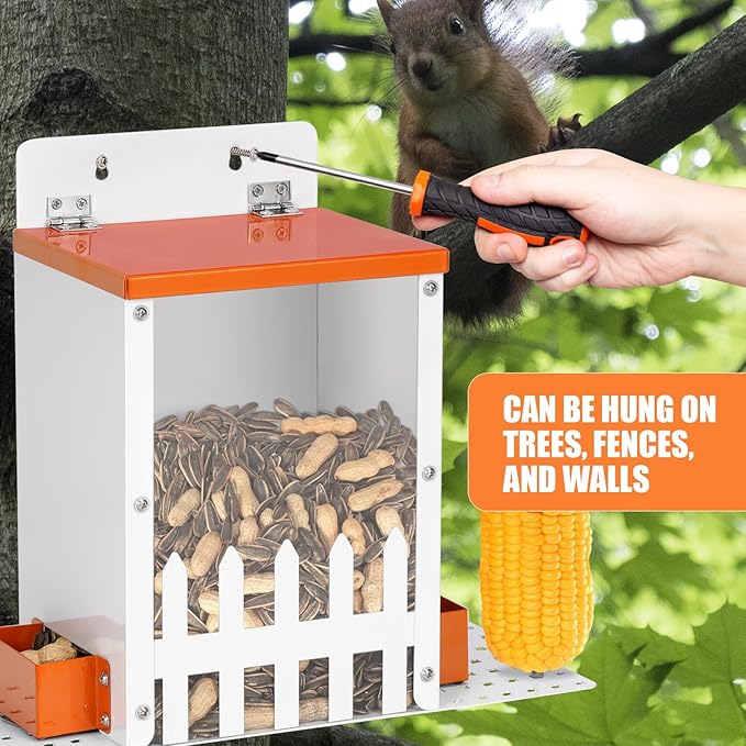 Metal Squirrel Feeders for Outside,Hanging Squirrel Box and Window Squirrel Feeder with Corn Cob Holder for Squirrel, Chipmunks (Orange)