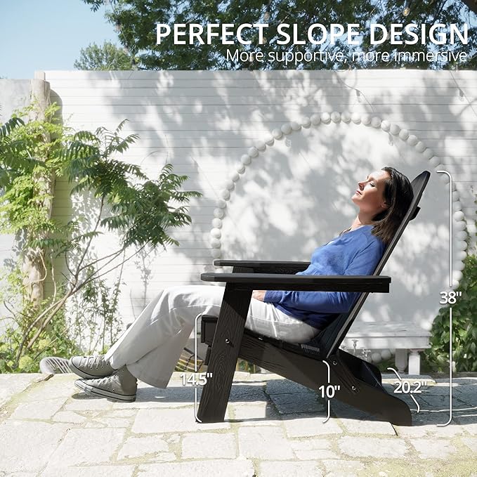 LUE BONA Folding Adirondack Chair 3 Piece Set, Black HDPS Outdoor Chair with Side Table & Cup Holder for Fire Pit Porch Seating