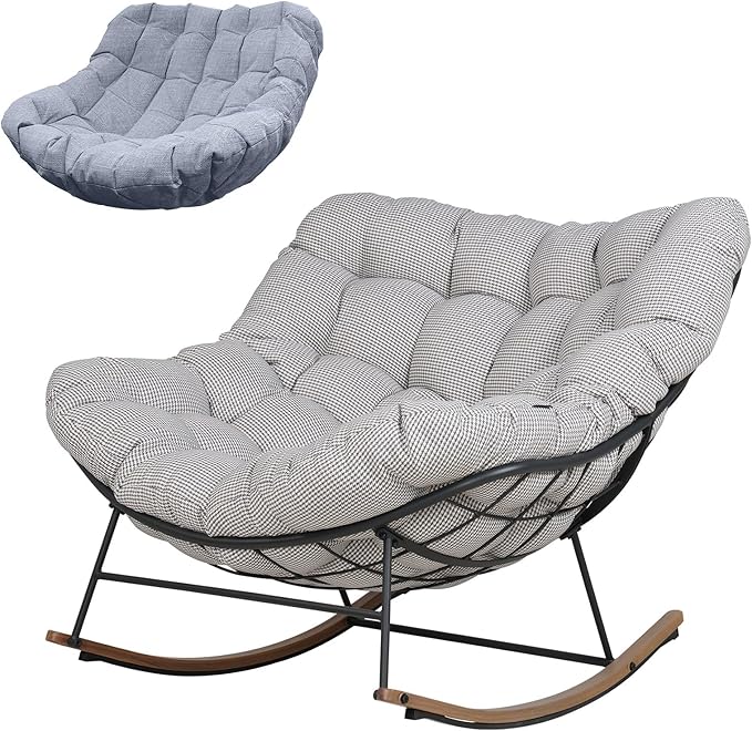 Grand patio Outdoor Rocking Chair with 2 Cushions, E-Coated Modern Cozy Lounge Rocker Chair with Cushion for Balcony Porch Patio, Gray & Houndstooth