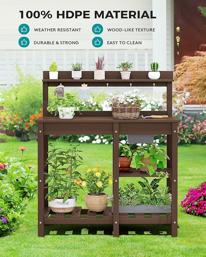 SERWALL Outdoor Potting Bench with Removeable Sink,Rot-Resistant HDPE Potting Table for Outside Gardening, All Weather Use - Coffee