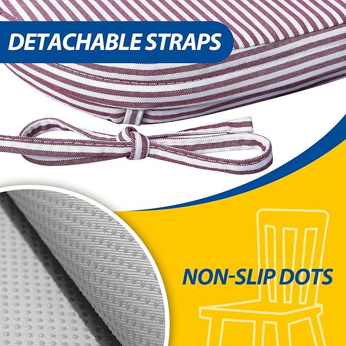 AAAAAcessories D-Shaped Chair Cushions, 2" Thick Dining Chair Pads with Ties and Removable, Machine-Washable Cover, 17" x 16", Pinstripe Red