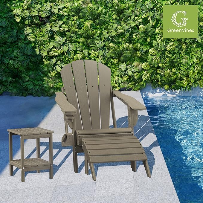 GREENVINES Folding-Adirondack-Chair-Set-of-2 | Wood Grain | HDPE Plastic | Fire Pit Chairs | All Weather | Cup Holder | Desert Brown | for Deck Backyard Patio Outdoor