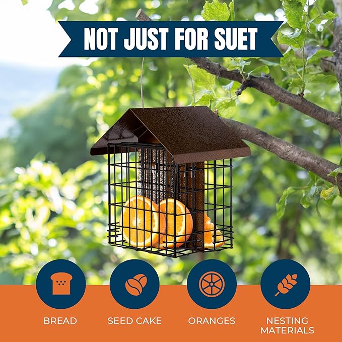 MEKKAPRO Suet Feeder for Outside Hanging Metal Roof, Woodpecker Feeder, Two Suet Bird Feeder Capacity, Cage Hanger Hanging Bird Feeder Easily Fits 2 Suet Cakes Holder - Wild Bird Feeder Basket
