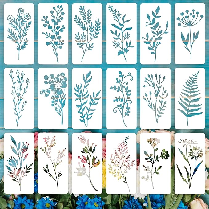 Flower and Leaf Stencils for Painting, 18PCS 6 x 3 Inch Plastic Botanical Stencils for Crafts Reusable, Small Floral Drawing Templates for Painting on Wood Wall Canvas, Card Making & Home Decor