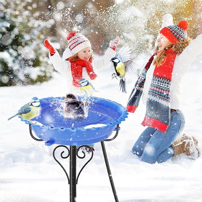 Heated Bird Bath for Outside Winter, Powerful 100W Thermostat Control Water Heated BirdBaths Bowl for Outdoors with 5-Prong Metal Base Heated Bird Bath for Garden Patio Yard Lawn (Blue)