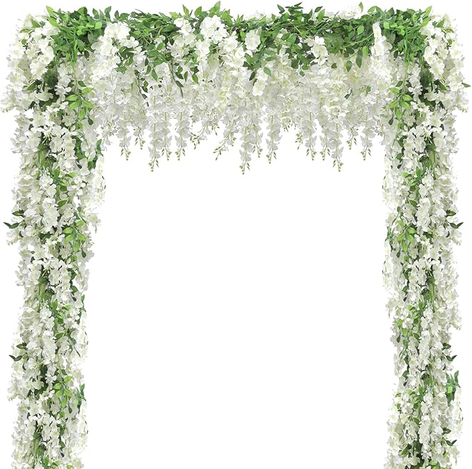 Findosom Wisteria Artificial Flowers Garland, 5Pcs Total 36FT White Wisteria Hanging Flowers, Flower Garland Decorations for Home Garden Outdoor Ceremony Wedding Arch Decoration
