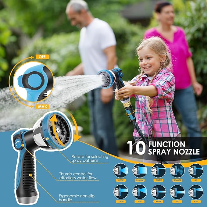 Non-Expandable Garden Hose 50 FT, Lightweight Hose with 10 Function Spray Nozzle, Kink-Free Flexible Water Hose, Durable, Leak-Proof, 360° Swivel Connectors, Portable Storage Strap
