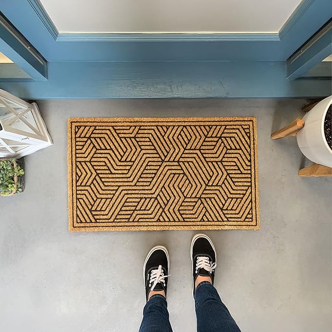 Welcome Doormats, Natural Coco Coir Mats with Non-Slip PVC Backing, Indoor Outdoor Mats for Home & Office, Floor Rugs for Door Decor, Geometric Porch Rug with Black Maze Pattern, 30"x17"