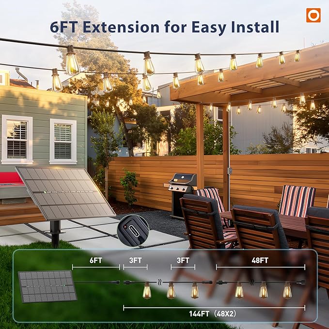 addlon 150FT(144+6) Solar String Lights Outdoor with Remote, Long-Lasting Waterproof Patio Lights, Dimmable & Timable Hanging Solar Light with 45 LED Bulbs for Outside, Yard, Garden, Camping, Gazebo