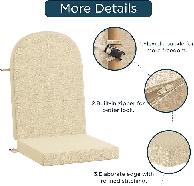 Codi Adirondack Chair Cushion – Outdoor Rocking Seat Cushions for Patio & Porch, Fade Resistant Waterproof Fabric with Ties, Beige