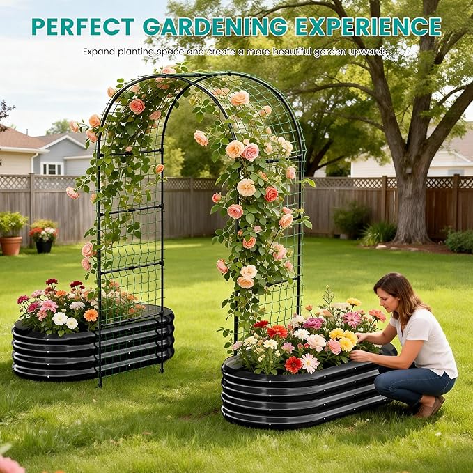 SUNYRISY Galvanized Raised Garden Bed with 87" H Arch Trellis for Climbing Plants Outdoor, Metal Planter Box with Netting for Gardening Flowers Vegetables Fruit Herb, Black