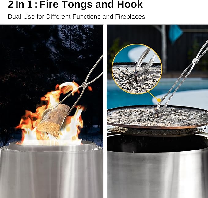 EAST OAK 2 in 1 Fire Pit Tongs and Hook 36'' Poker, Firepit Tools for Wood Fireplaces, Bonfires, Outdoor Fire Rings, Patio and Camping Accessories, with 13" Heat Resistant Gloves, 304 Stainless Steel