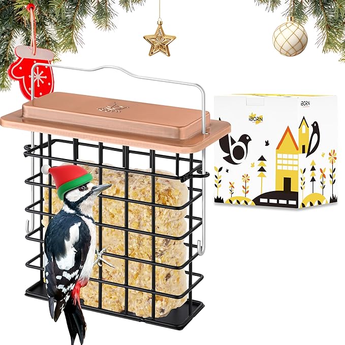 iBorn Suet Feeder Suet Bird Feeders [Single Capacity] for Outside Hanging with Taller Grid for Woodpecker,Metal Brushed Copper（Pack of 1）