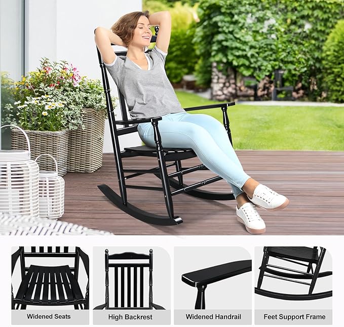 VINGLI Wooden Rocking Chair Outdoor, Patio Rockers with High Back, Support 450 LBS Rocking Chairs, for Porch, Patio, Balcony, Garden, Yard (Black, 1 PC)